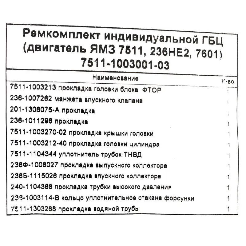 Рк прокладок раздельной ГБЦ 7511-1003001-01 (ЯМЗ 7511,236НЕ2, 7601)